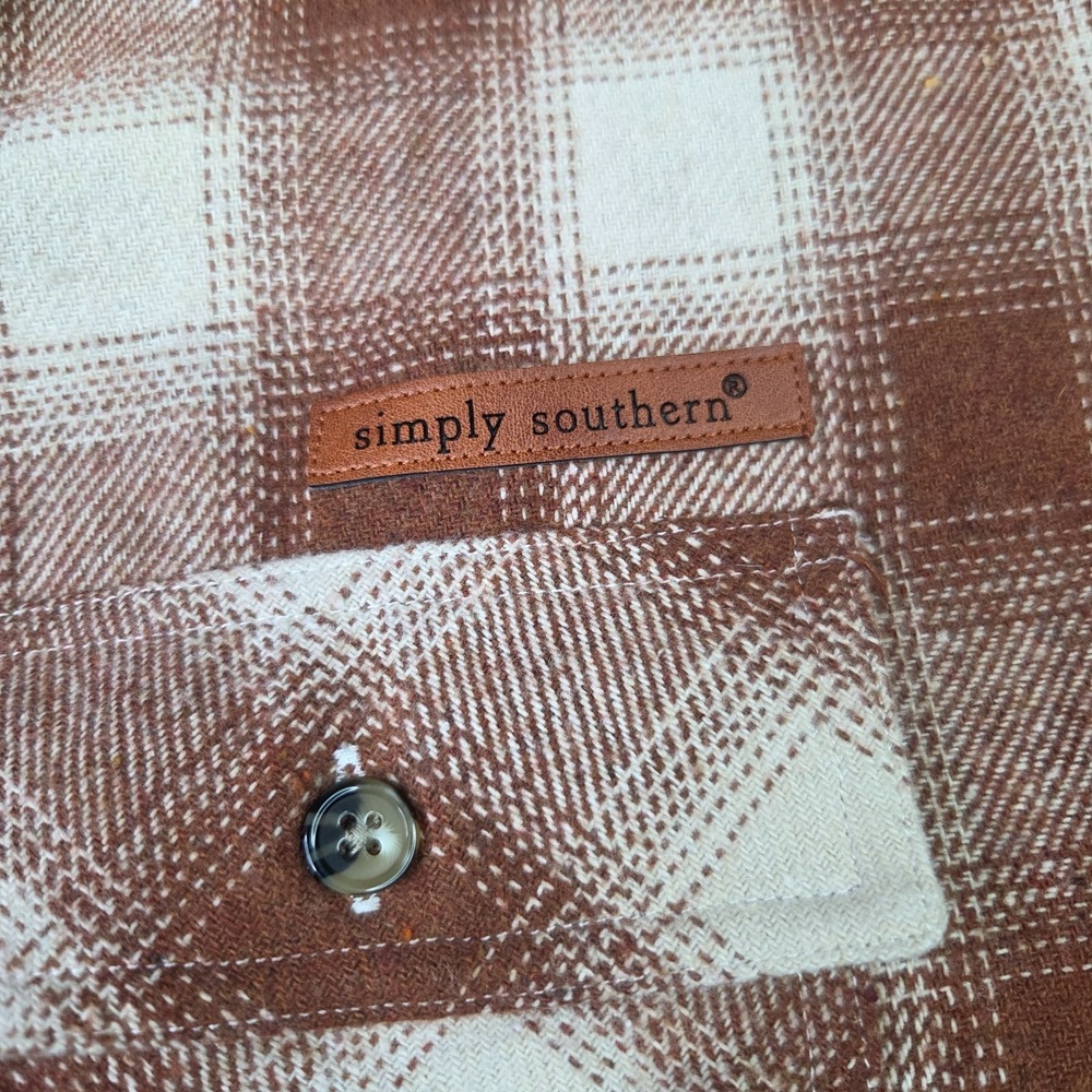 Simply Southern Flannel Shirt Women L Brown Plaid Long Sleeve Button Heavyweight - Picture 4 of 11